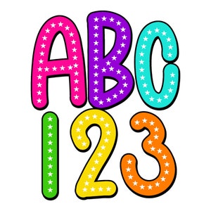 Letras del alfabeto con garabatos brillantes y moteados de estrellas, puntos dálmatas garabatos PNG, fuente de neón png A-Z y número, conjuntos alfa png