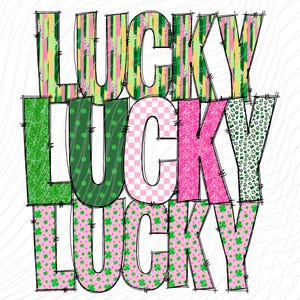 Pu&ograve; includere: Un design stratificato della parola "LUCKY" in rosa, verde e giallo con diversi motivi. La parola &egrave; delineata in nero.