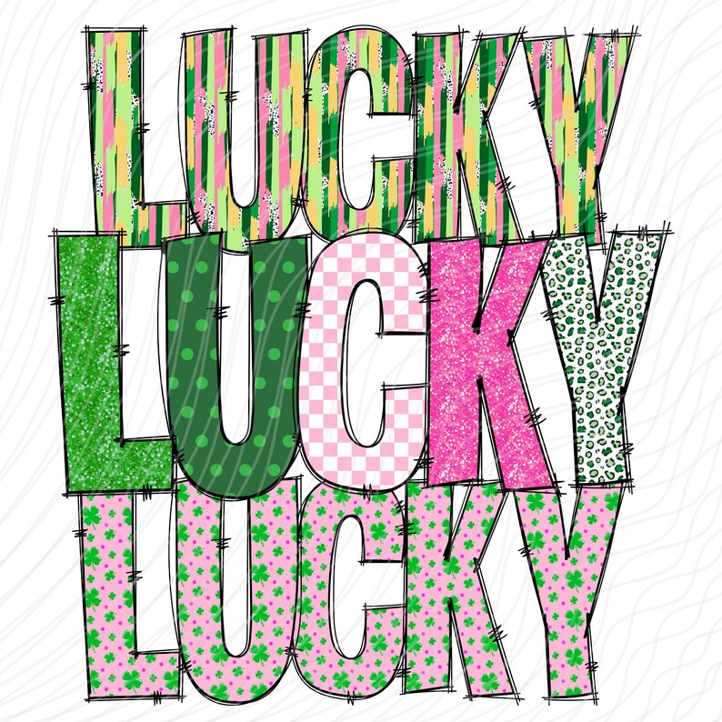 Pu&ograve; includere: Un design stratificato della parola "LUCKY" in rosa, verde e giallo con diversi motivi. La parola &egrave; delineata in nero.