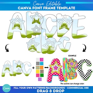 Plantilla de marco de Canva con estrellas preppy, alfabeto, sublimación, patrón de relleno personalizado, fuente, marco de Canva, relleno de alfabeto, regreso a clases de verano