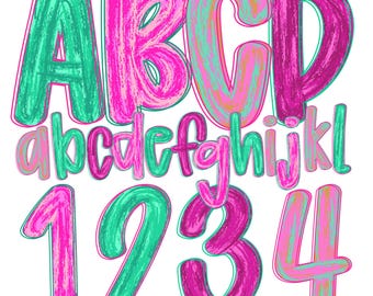 Preppy brush stroke Alphabet png | doodle alpha font Letter and Number | Colorful Alphabet | Teacher font png