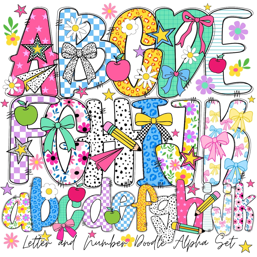 Preppy Back to School Png Bundle Alphabet | Doodle Alpha Font | First ...