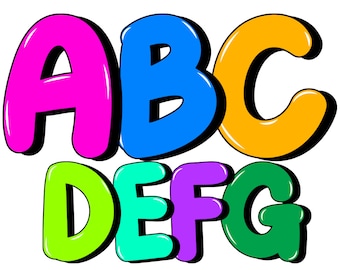 Peut inclure: Un ensemble de lettres bulles colorées épellant "ABCDEFG" dans un style cartoon. Les lettres sont soulignées en noir et ont un effet 3D. Le texte "7 Colors Set" et "Bubble Doodle Alphabet" sont également inclus dans l'image.