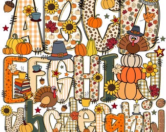 May include: A colorful fall-themed alphabet set with letters and numbers. Each letter is decorated with pumpkins, sunflowers, and fall leaves. The set includes a turkey, pie, and acorns. The text at the bottom says "Letter and Number Doodle Alpha Set."
