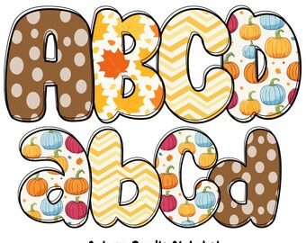 Può includere: Un design dell'alfabeto a tema autunnale con le lettere maiuscole e minuscole A, B, C e D. Le lettere sono decorate con zucche, foglie d'autunno e pois. È incluso anche il testo "Autumn Doodle Alphabet".