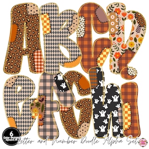 May include: A digital alphabet set featuring letters A through I, each designed with a patchwork style. The letters incorporate various patterns including leopard print, orange and brown plaid, gray diamonds, and floral motifs, with some featuring ghost icons.