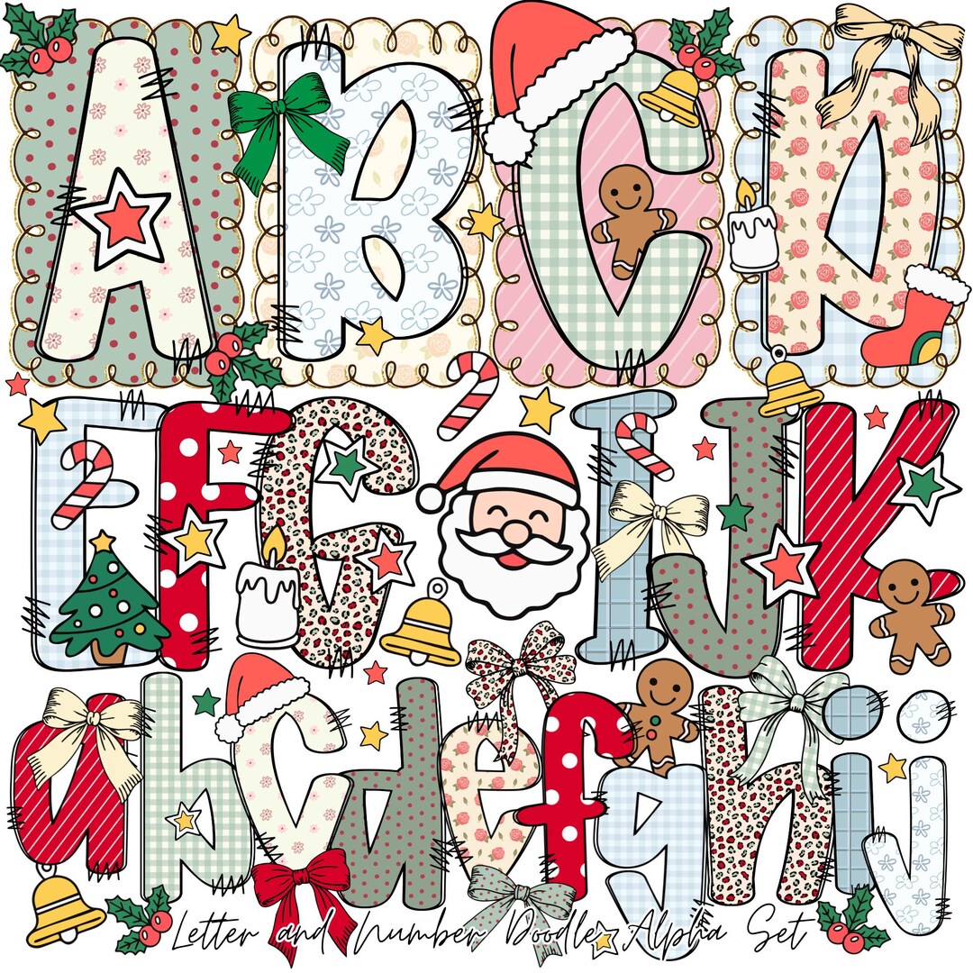 Preppy Christmas Alphabet Png Bundle | Doodle Alpha Font Letter and ...