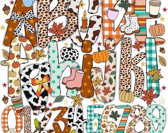 May include: A whimsical digital illustration of a Letter and Number Doodle Alpha Set. The letters and numbers are decorated with fall-themed patterns, including pumpkins, leaves, and animal prints. The text "Letter and Number Doodle Alpha Set" is at the bottom.