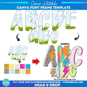 Plantilla de marco de Canva para profesor con diseño de rayo preppy, alfabeto, sublimación, patrón de relleno personalizado, fuente de relleno, marco de Canva para escuela de verano