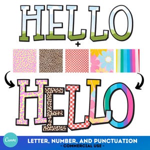 May include: Colorful "HELLO" letters with different patterned designs. The patterns include leopard print, checkered, floral, and striped. The letters are outlined in black and have a white background.