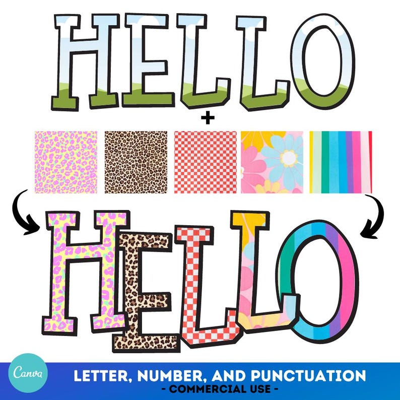 May include: Colorful "HELLO" letters with different patterned designs. The patterns include leopard print, checkered, floral, and striped. The letters are outlined in black and have a white background.