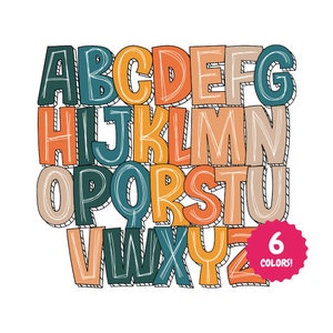 Letras de rabisco de linha central PNG 6 cores, pacote Boho Doodle Alphabet PNG, download digital alfa desenhado à mão