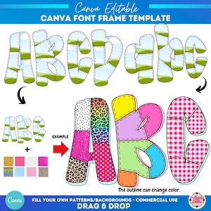 Plantilla de marco de lienzo con letras estilo garabato estilo preppy / Sublimación / Letras y números / Marco de lienzo con fuente dibujada a mano / Marco de lienzo con monograma