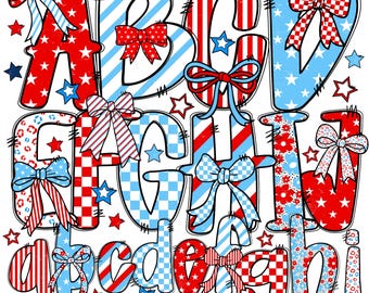 Doodle Alphabet American flag | Patriotic American Flag Alphabet |  Hand-Drawn |  Doodle Letters | 4 of july bundle | USA coquette bow png