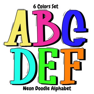 Fuente de letra Neon Varsity: Retro, clásico, escrito a mano, Doodle Alphabet PNGs - Bright, Colorful Alpha Set Kindergarten, School, Teacher Fonts