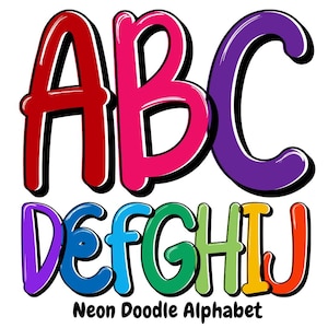 Fuente de letras superpuestas de neón: lindo, burbuja, escrito a mano, alfabeto de garabatos PNG - conjunto alfa colorido jardín de infantes, escuela, fuentes para maestros