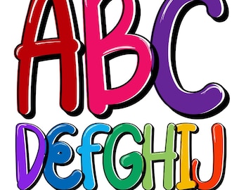 Neon Overlap Letter Font: Cute, Bubble, Handwritten, Doodle Alphabet PNGs - Colorful Alpha Set Kindergarten, School, Teacher Fonts