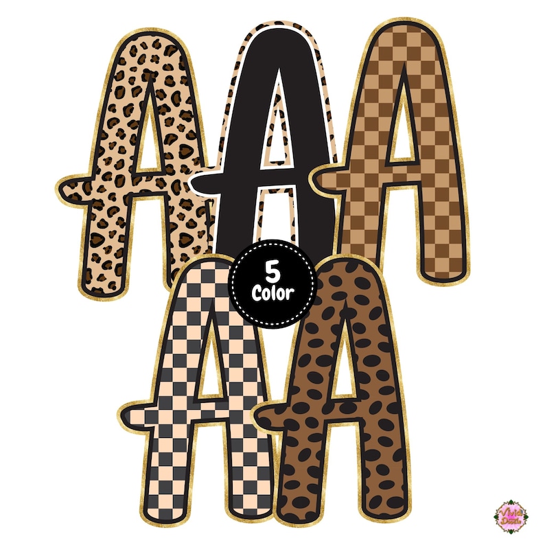 May include: Five capital letter A characters in different patterns including leopard print, solid black, brown checkerboard, light checkerboard, and brown spots. Each letter features a gold outline and a central black circle with the text 5 Color.