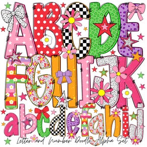 Alfabeto de verano / fuente alfa de garabatos / Letra y número / Alfabeto de maestro de escuela / Alfabeto floral preppy / Flor / Estrella / lazo coqueto