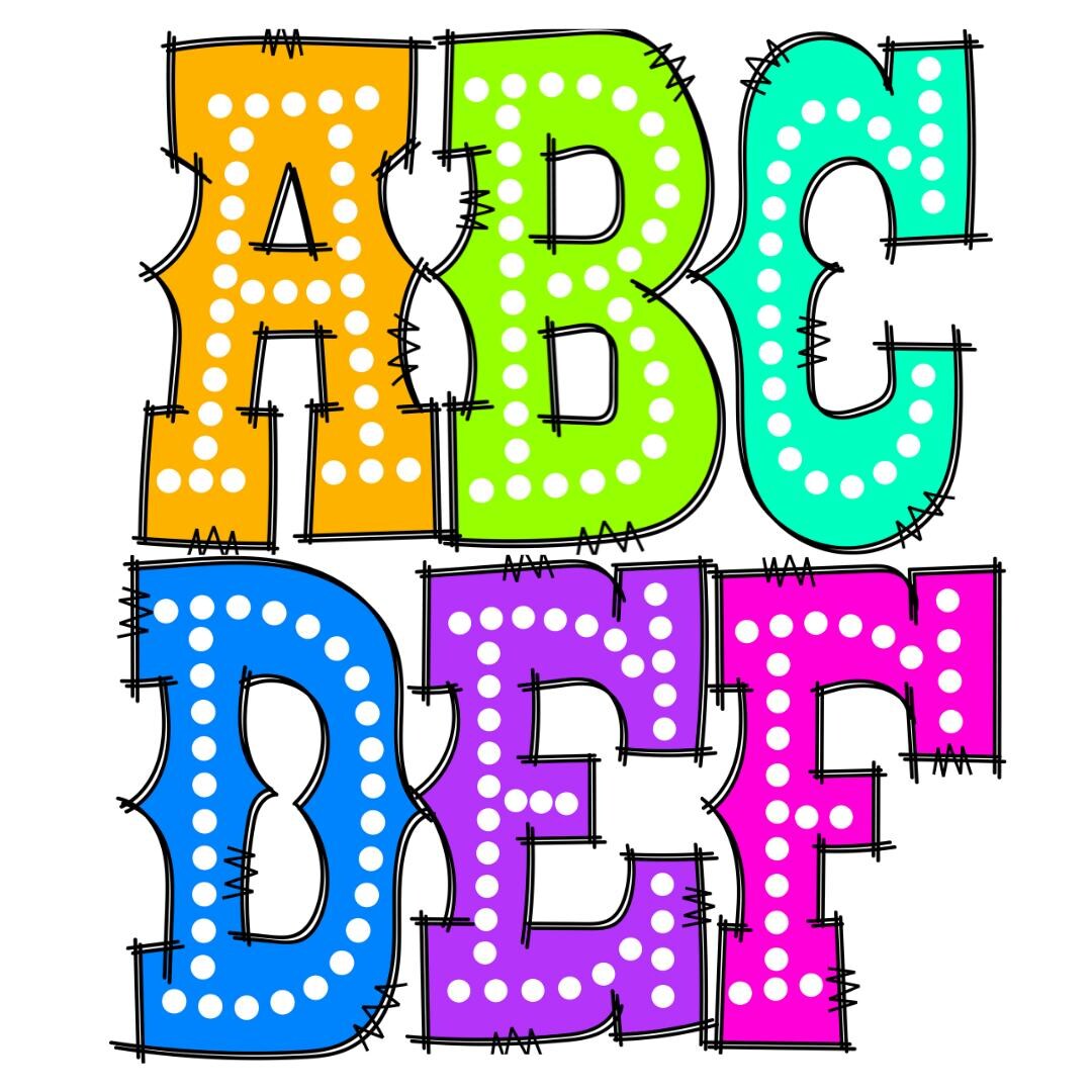 Playful Neon Polka Dot Doodle Alphabet | 6 Colorful Uppercase