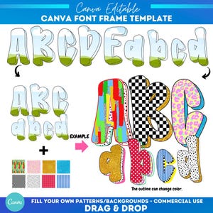 Plantilla de marco de Canva con alfabeto para chicas preppy / Sublimación / Patrón de relleno personalizado / Marco de Canva con fuente / Alfabeto para rellenar / Escuela de verano