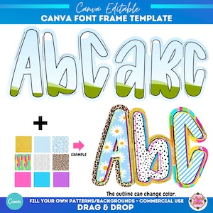 Op de afbeelding: Een Canva lettertype frame sjabloon met de letters "Abc" in een bubbelstijl. De letters hebben een blauwe en groene gradiëntvulling en de tekst "CANVA FONT FRAME TEMPLATE" staat bovenaan. De afbeelding toont ook voorbeelden van patronen en achtergronden.
