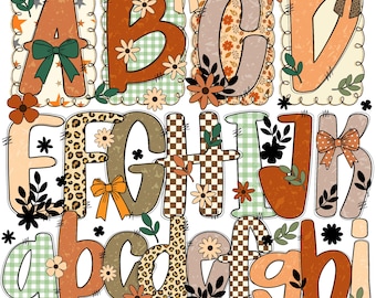May include: A decorative alphabet set featuring uppercase and lowercase letters, each with unique patterns and embellishments. The letters showcase floral, plaid, and animal print designs, accented with bows and leaves. The text at the bottom reads "Letter and Number Doodle Alpha Set."
