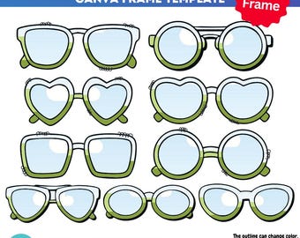 May include: Nine different frame templates for sunglasses, with a green outline and a light blue interior. The frames are in various shapes, including round, square, and heart-shaped. The text "Canva Editable Canva Frame Template 9 Frame" is at the top of the image.