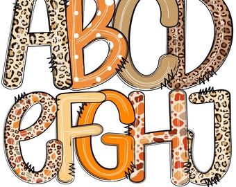 May include: A whimsical alphabet design featuring letters A through J. The letters are in various autumn-themed patterns, including leopard print and polka dots, with orange, brown, and tan colors. The text at the bottom reads "Autumn and Wild Doodle Alphabet".