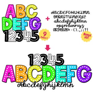 Felle neonletters png, Dalmatische alfabetbundel, polka dot alfabet png, Dalmatische letters png, doodle dot lettertype, zwart-wit bonus