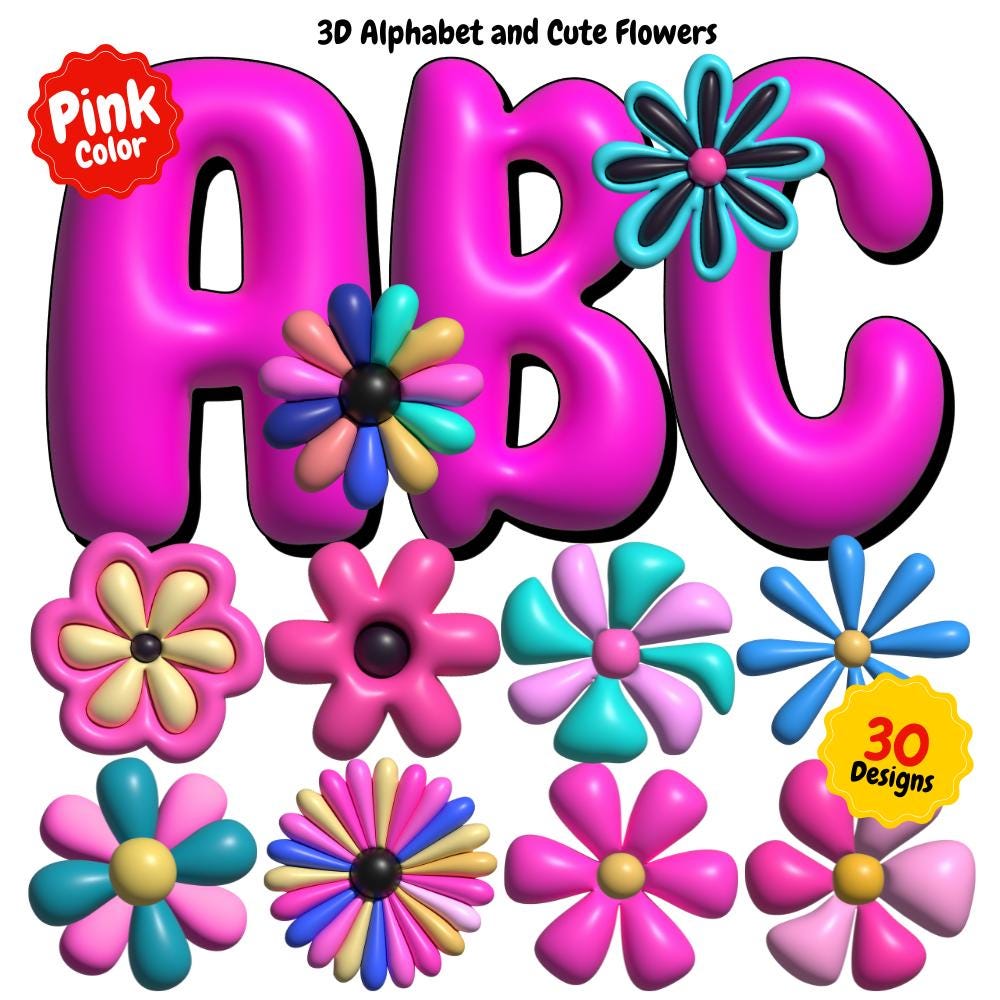 Bright Neon 3d flower png, inflating flowers clipart, 3d alphabet letters Letter and Number, puffy alphabet, Sublimation, Bubble Letters,