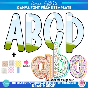 May include: A Canva editable font frame template featuring large uppercase letters A, B, C, D with a landscape fill and lowercase letters a, b, c filled with floral and checkered patterns. Includes a plus sign and example swatches.
