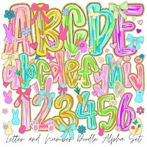 May include: A colorful Easter-themed alphabet and number set. The letters and numbers are outlined in gold glitter and filled with pastel colors. The design includes bows, bunnies, carrots, flowers, and Easter eggs. The text at the bottom reads "Letter and Number Doodle Alpha Set."