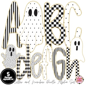 May include: A digital alphabet set featuring letters A through H with various black and white patterns including stripes, polka dots, checkers, and leopard print. Several letters are shaped like ghosts. Includes a circular badge with 5 Designs.
