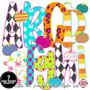 May include: A digital alphabet set featuring letters A through I in various patterns including black and white buffalo check, turquoise polka dots, orange leopard print, and striped designs. Several colorful pumpkins are interspersed throughout.