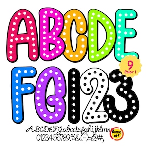 May include: Colorful polka-dotted alphabet and numbers in a playful font. The letters A-E are in pink, magenta, orange, green, and teal. Numbers 1, 2, and 3 are in black and white. Includes a bonus font.