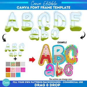 Plantilla de marco de Canva con letras de doodle, alfabeto, sublimación, patrón de relleno personalizado, fuente, marco de Canva, relleno de alfabeto, escuela de verano