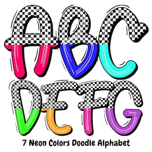 Alfabeto PNG con garabatos de neón brillante - Conjunto de imágenes prediseñadas de fuentes de maestro de jardín de infantes escritas a mano a medias / Conjunto de alfabeto colorido PNG