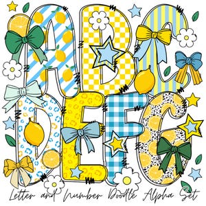 Alfabeto de limón de verano preppy PNG / Letra de vibraciones de verano / Alfabeto de limones / Fuente alfa de doodle de verano femenino Letra y número