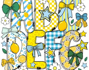 Preppy Summer Lemon Alphabet PNG | Summer Vibes Letter | Lemons Doodle Alpha | Girly Summer doodle alpha font Letter and Number