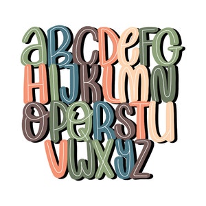 Retro Scribble Letters, Boho colors, doodle alpha, Retro Doodle, Scribble Alphabets, white center line Sublimation Designs