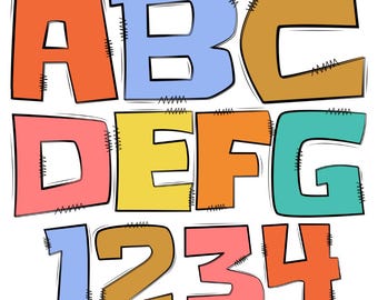 May include: A graphic illustration featuring the letters A, B, C, D, E, F, G and the numbers 1, 2, 3, 4. Each character is rendered in a bold, colorful style with a black outline and a simulated stitched fabric texture along the edges.
