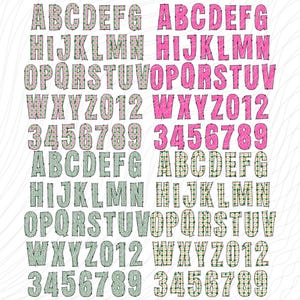 Pu&ograve; includere: Due set di lettere e numeri dell'alfabeto con un design a motivi rosa e verdi. Le lettere e i numeri sono contornati di nero. Le lettere e i numeri sono in un carattere grassetto e a blocchi.