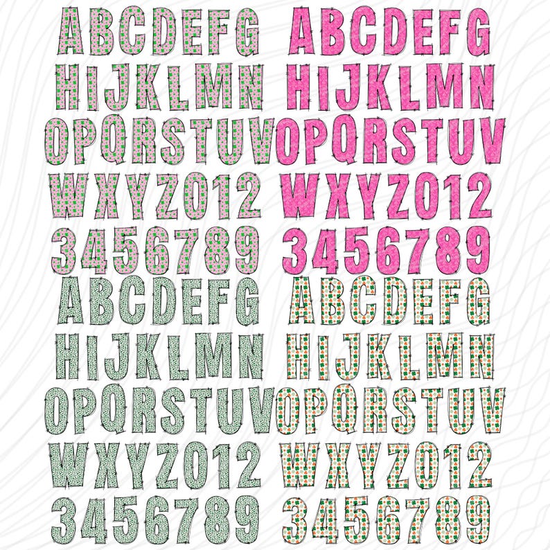 Pu&ograve; includere: Due set di lettere e numeri dell'alfabeto con un design a motivi rosa e verdi. Le lettere e i numeri sono contornati di nero. Le lettere e i numeri sono in un carattere grassetto e a blocchi.