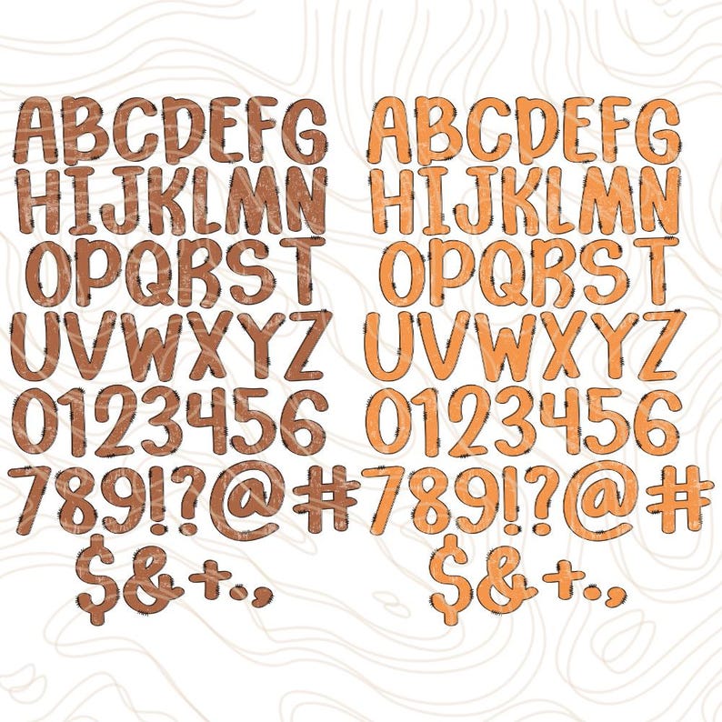 May include: Two sets of alphabet letters, numbers, and symbols in a rustic, distressed style. One set is brown, and the other is orange. The letters and numbers are in a bold, rounded font, with exclamation points, question marks, at symbols, and number signs.