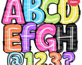 Neon Scribble Doodle Alphabet & Grunge Distressed Font Set: Kindergarten, Schule, Lehrer Schrift PNGs - Alpha Set für Sommer Lettering