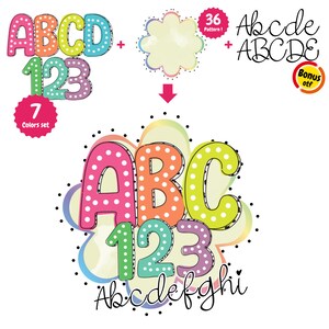 May include: A set of colourful alphabet letters and numbers with polka dots. The letters are A, B, and C. The numbers are 1, 2, and 3. The letters are in a pink, orange, and green colour scheme. The numbers are in a green, blue, and purple colour scheme. The letters and numbers are arranged in a flower shape. The text "Abcdefghi" is written below the letters and numbers. The text "36 Pattern!" is in a red circle. The text "7 Colors set" is in a red circle. The text "Bonus otf" is in a red circle.