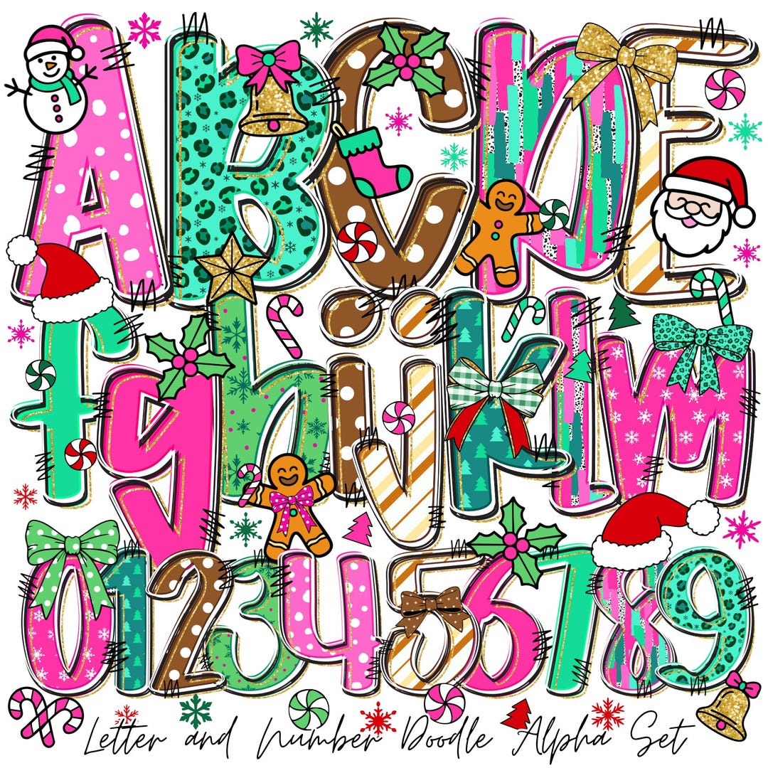 Christmas Alphabet Png | Doodle Alpha Font Letter and Number | Retro ...