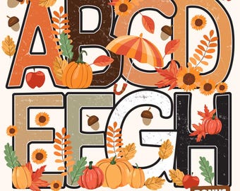 May include: A digital graphic featuring the letters A through H in a bold, distressed font. The letters are decorated with autumn-themed illustrations including orange pumpkins, sunflowers, red apples, brown acorns, and colorful fall leaves.