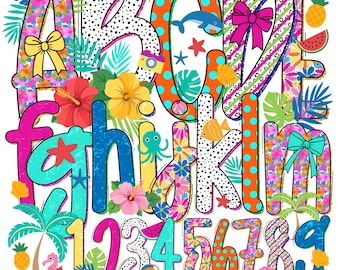 Alfabeto PNG de vacaciones de verano con diseño floral preppy / Letra con ambiente veraniego / Lazo de verano LCoquette / Alfabeto de garabato de verano femenino / Mamá de verano